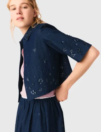 Chemise courte en denim brodée