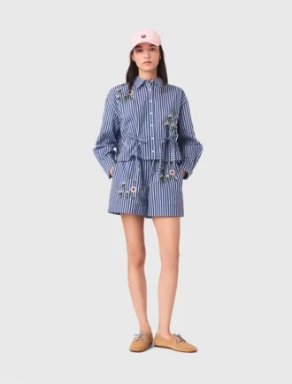 Chemise courte à rayures brodées