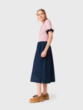 Jupe midi en denim brodée