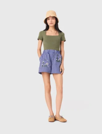 Short en coton rayé brodé